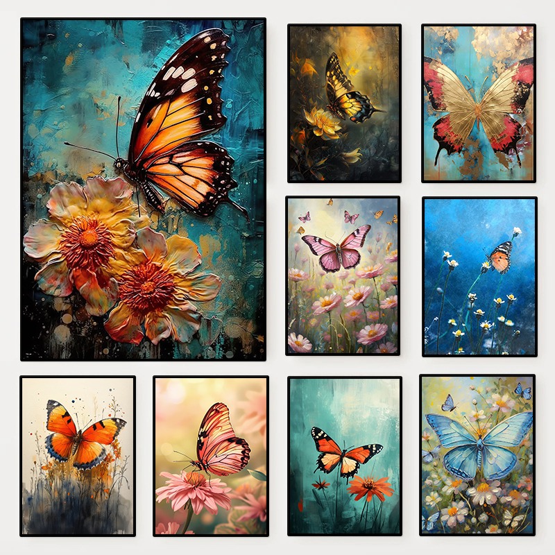 Resin Art Flower - Bloemenvlinderposter Kleurrijk insectenbloemenlandschap Minimalistische muurkunstprint Diamantschilderijposters